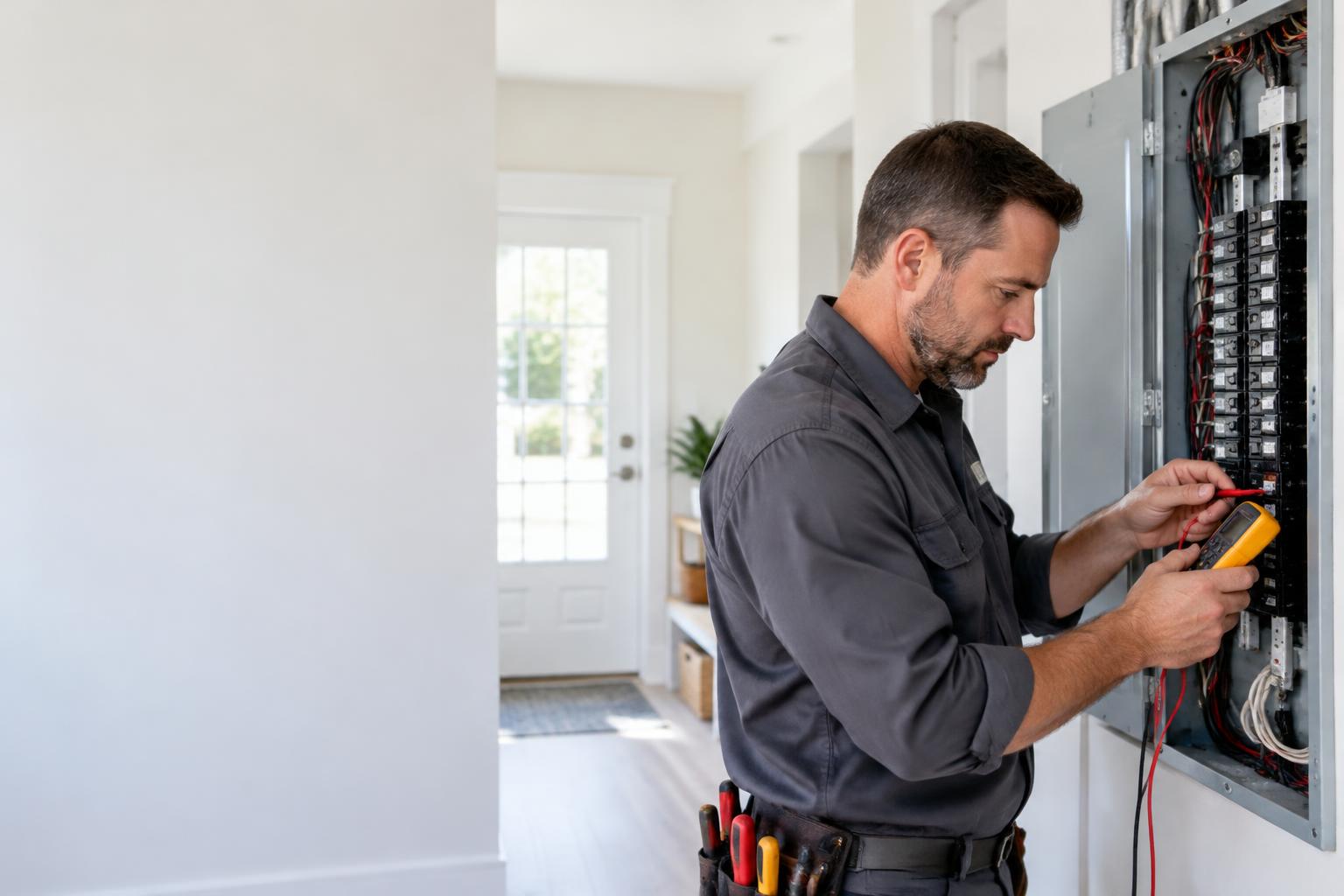 Professional electrician working on an electrical panel